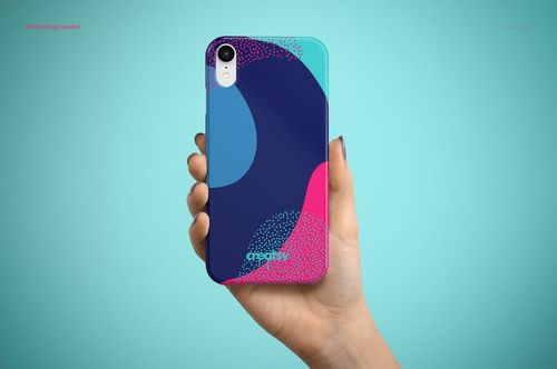 Glossy iPhone XR case mockup with bold abstract design in blue and pink, shown from the back against a light blue backdrop.