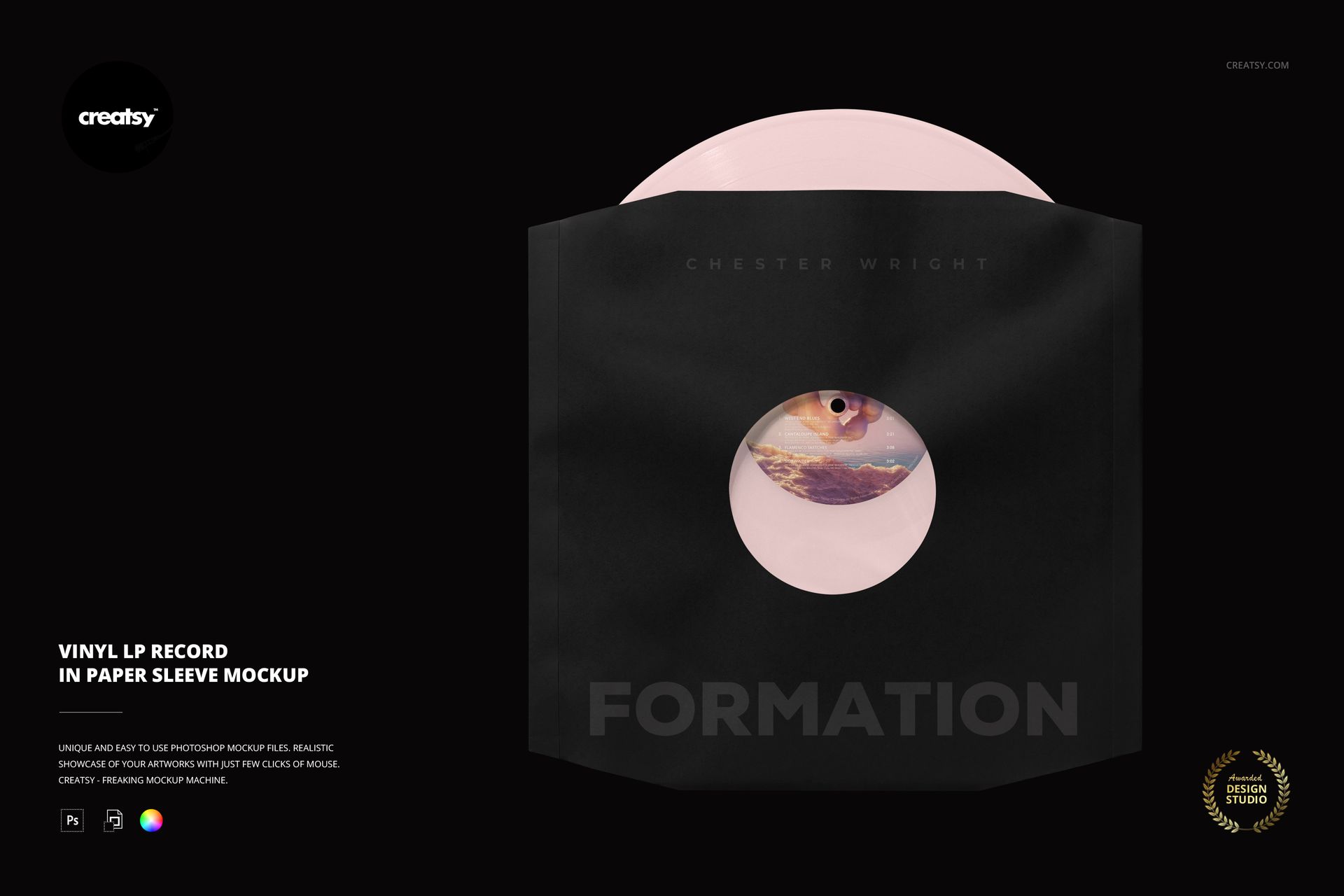 Vinyl LP record mockup showing a pink disc in a black paper sleeve with a round window, set against a black backdrop.