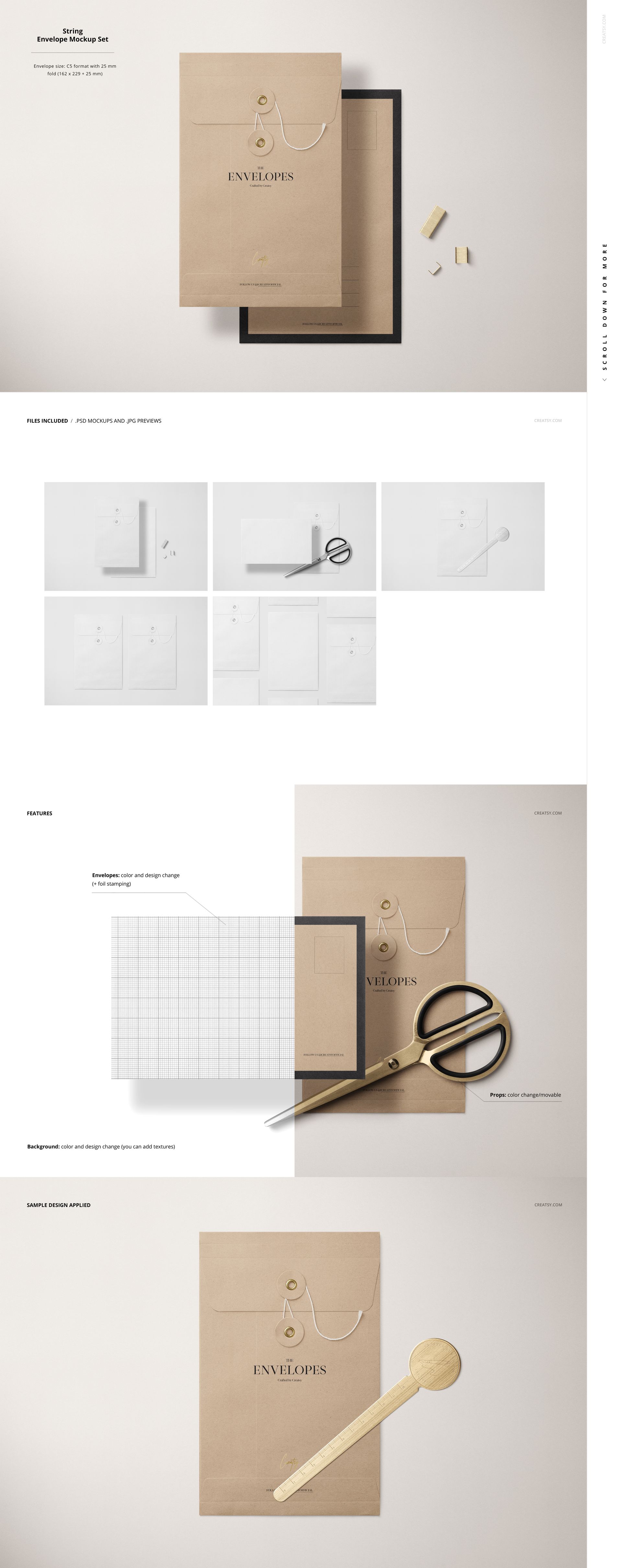 Stationery mockup featuring kraft envelopes and cards arranged on a light surface with string, scissors, and wax seals.