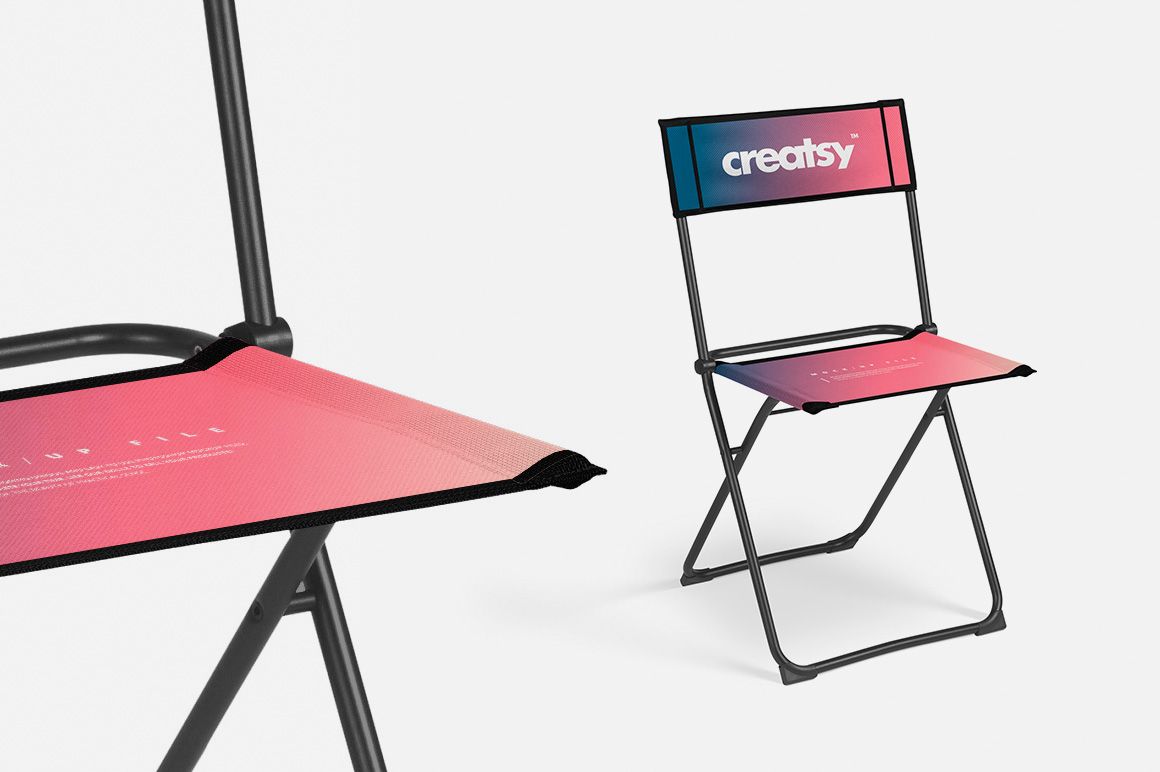 Folding chair mockup with black metal frame and pink gradient seat and backrest, shown on a white background.