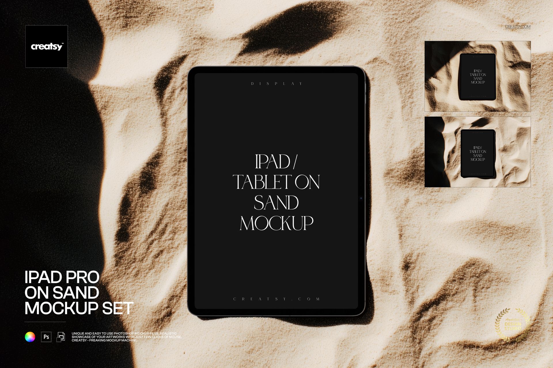 Front view of an iPad Pro mockup placed on textured sand, with screen displaying minimalist text design.
