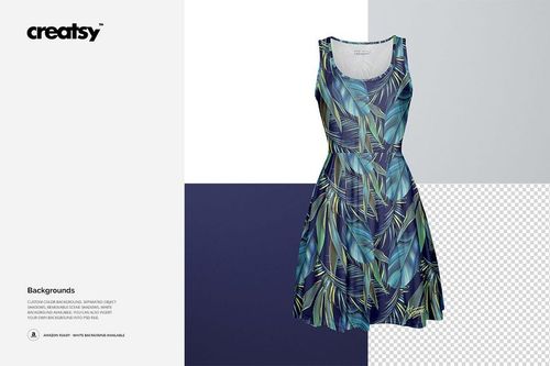 Sleeveless wavy blouse mockup featuring a front view of a dress with blue and green leaf pattern on a split background.