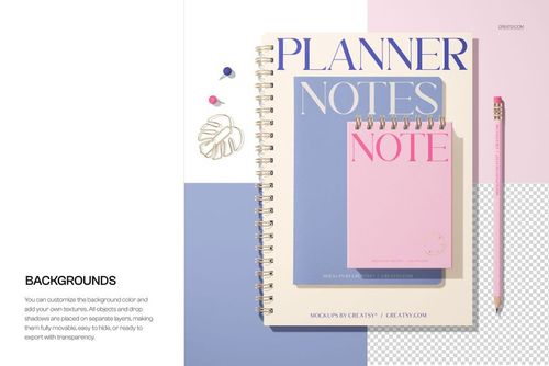 Spiral notepad planner and notebook mockup with pastel blue and pink covers, shown from a top view on a color-blocked background.