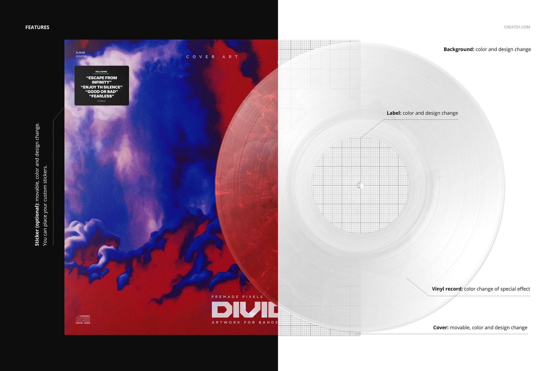 Front view of a vinyl record and cover mockup, featuring a smoke effect design with vibrant red and blue colors.