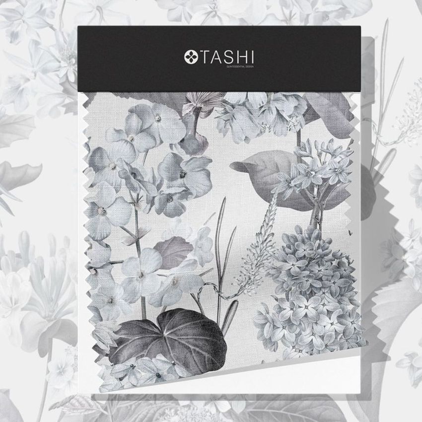 Fabric swatches mockup featuring a floral pattern in grayscale tones, displayed on a white background with a black header.