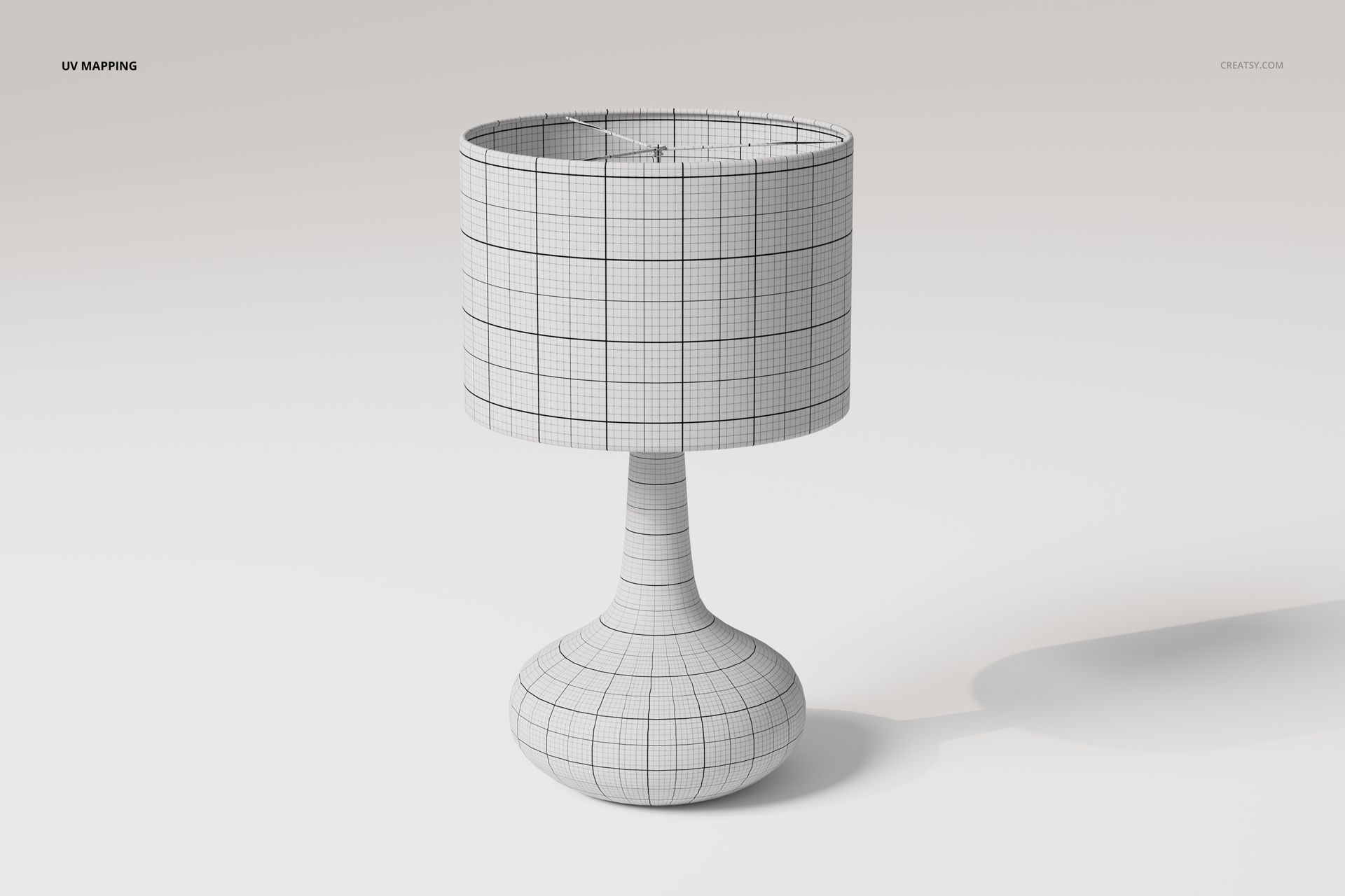 Bedside table lamp 3D model with cylindrical shade and rounded base, shown in wireframe view on a light background.