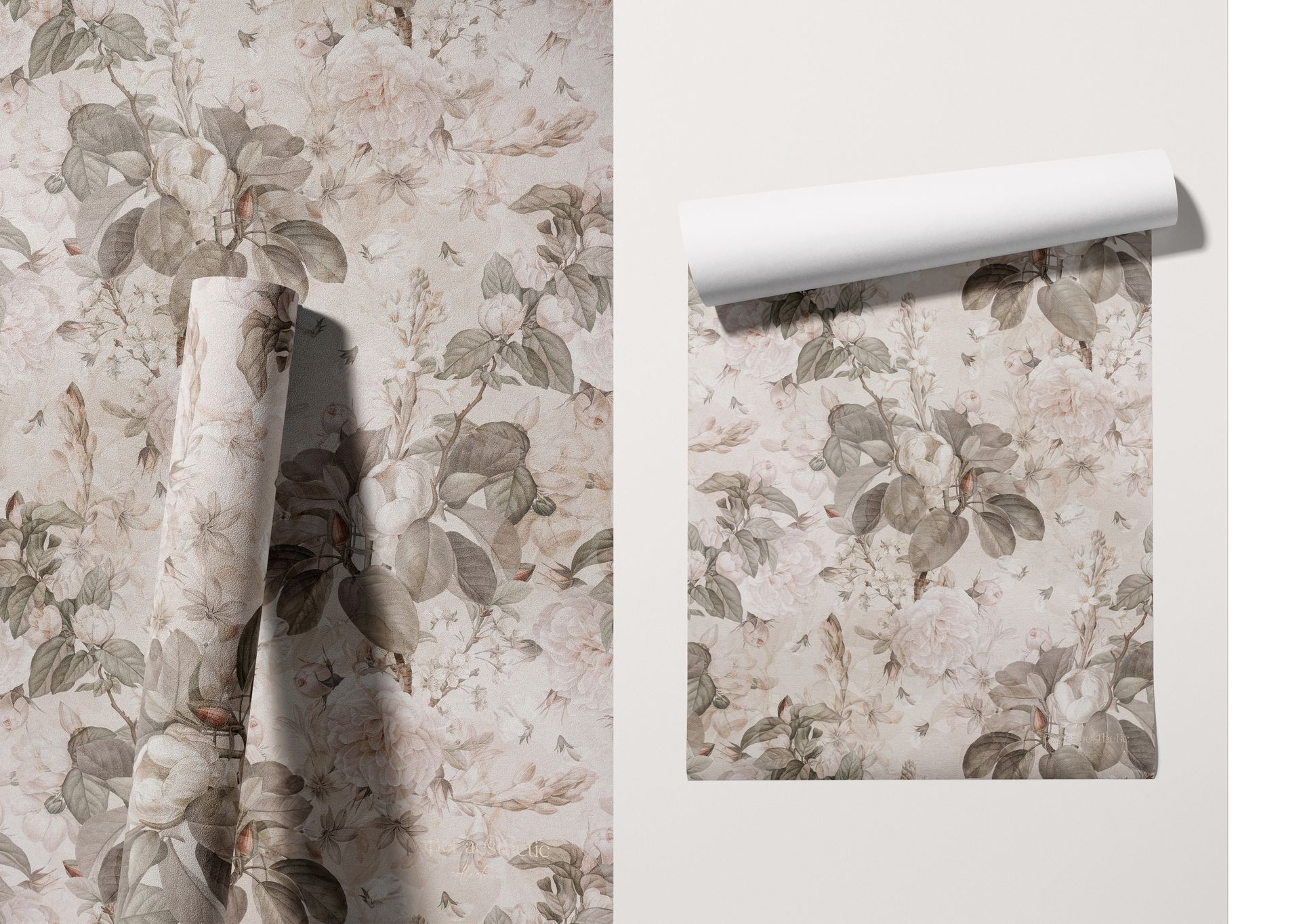 Floral-patterned non-woven vinyl wallpaper mockup displayed as a roll and a flat sample against a neutral wall.