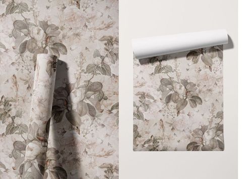 Floral-patterned non-woven vinyl wallpaper mockup displayed as a roll and a flat sample against a neutral wall.