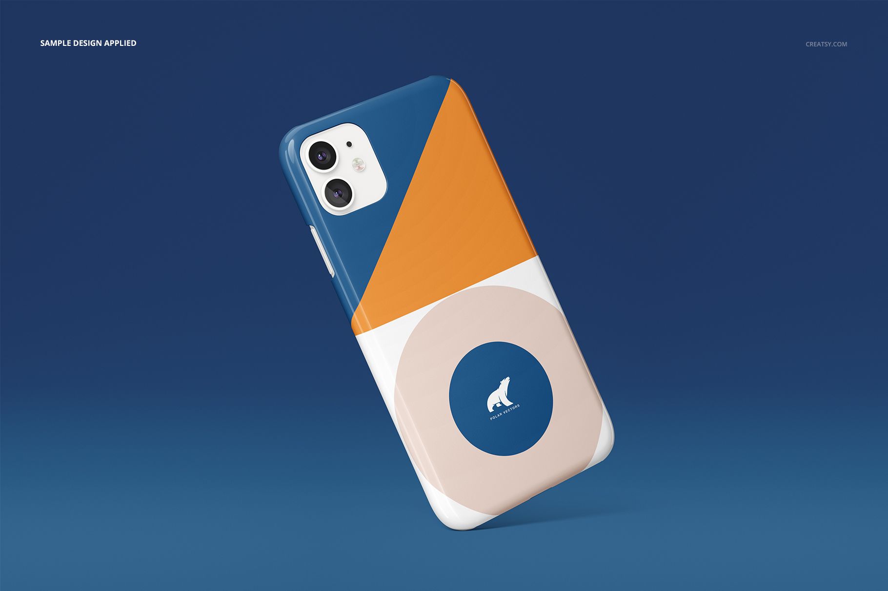 Mockup of iPhone 11 in a glossy case with abstract geometric design and circular motif, presented at a tilted perspective.
