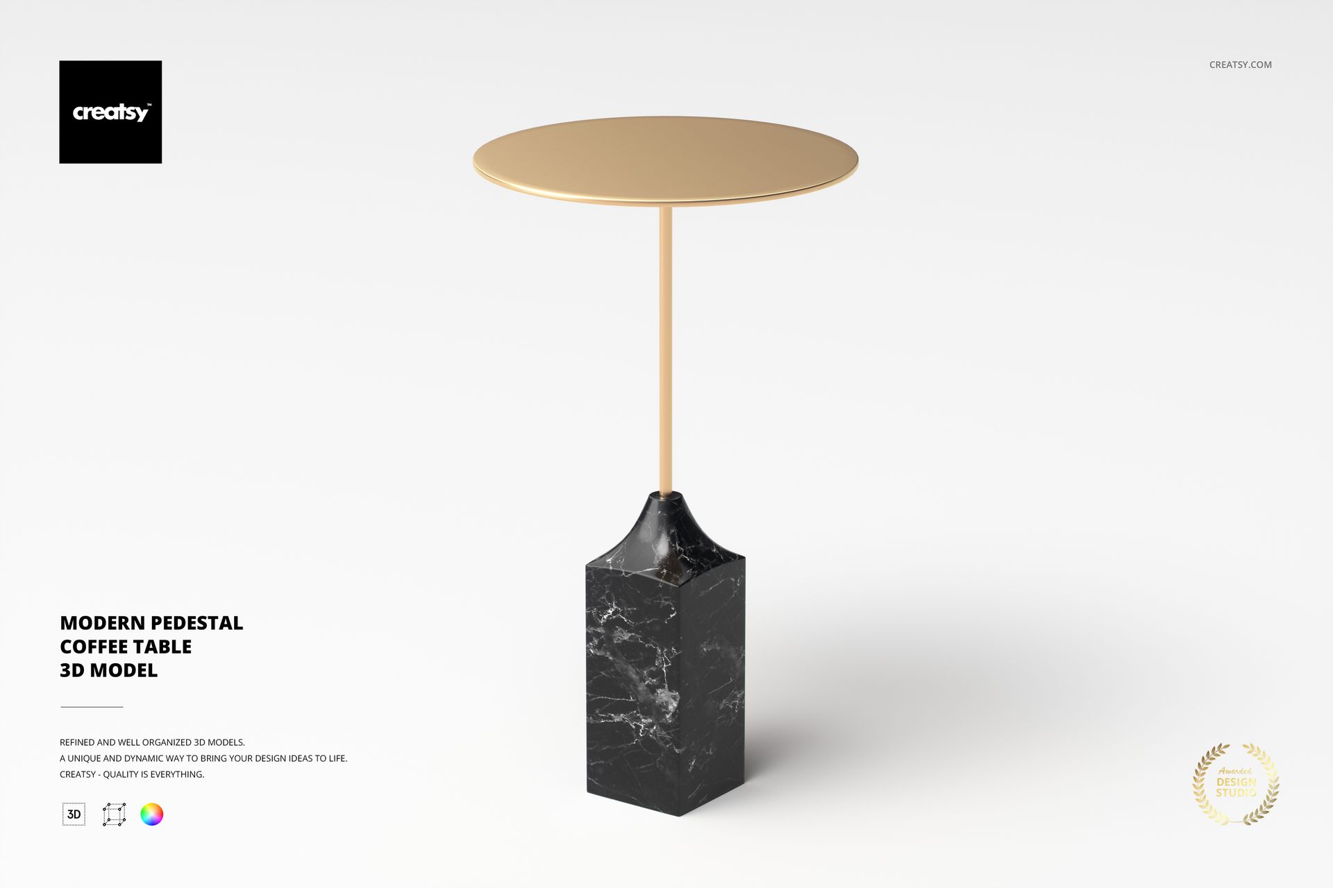 Modern pedestal coffee table with a round gold tabletop and a black marble square base shown on a white background.