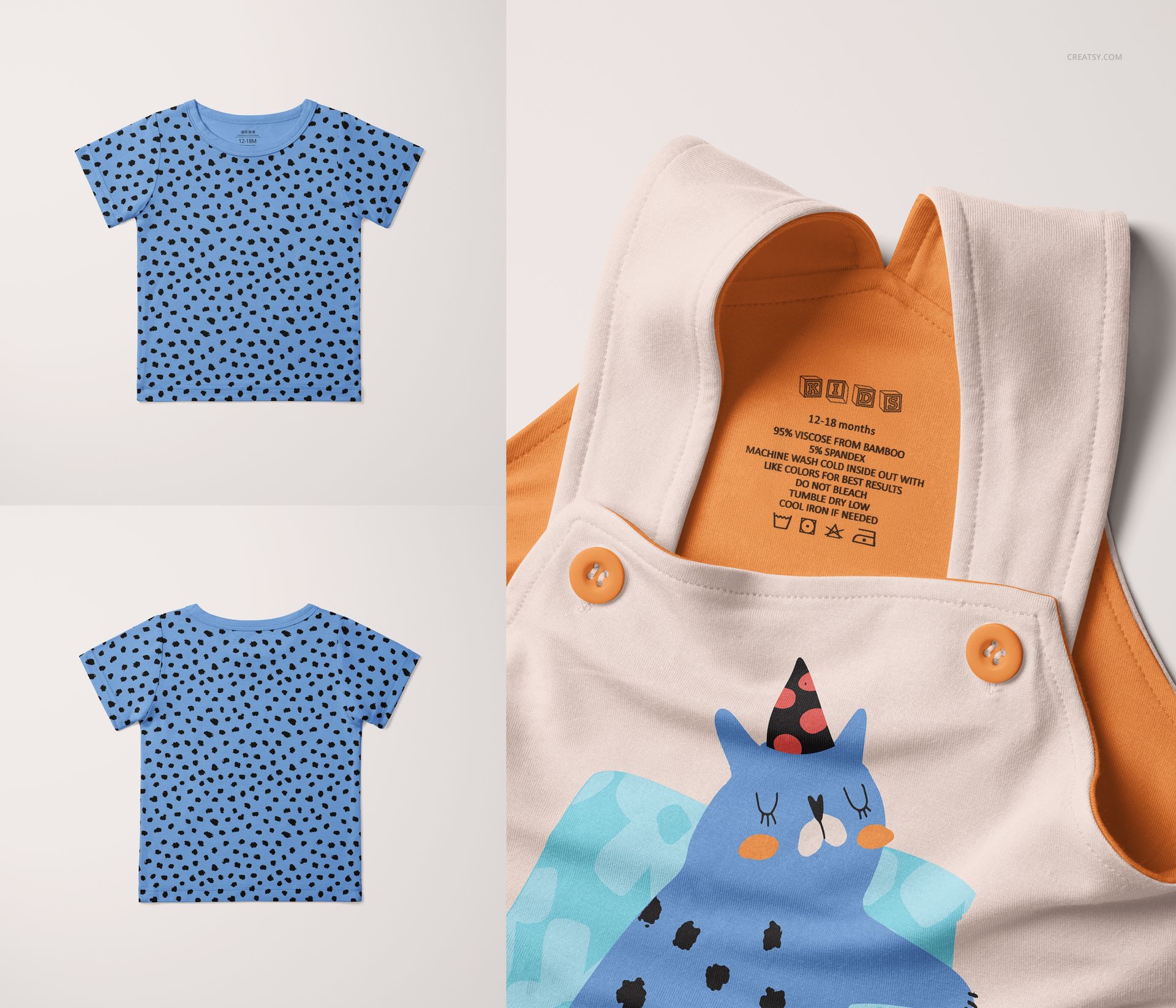 PSD mockup of a kids' T-shirt in blue polka dot pattern and detailed close-up of cream overalls with printed design.