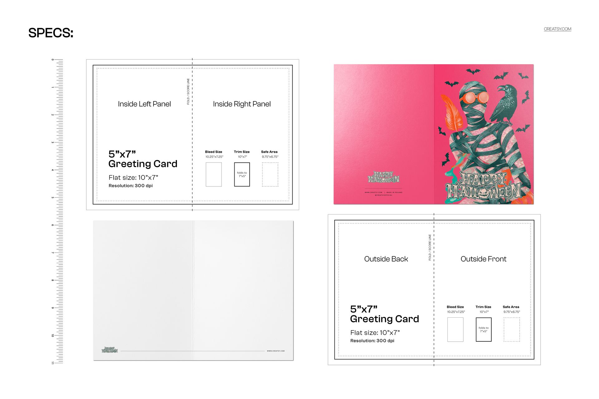 Front and inside views of a 5x7 greeting card mockup featuring a vintage Halloween mummy creature with bats and pink background.