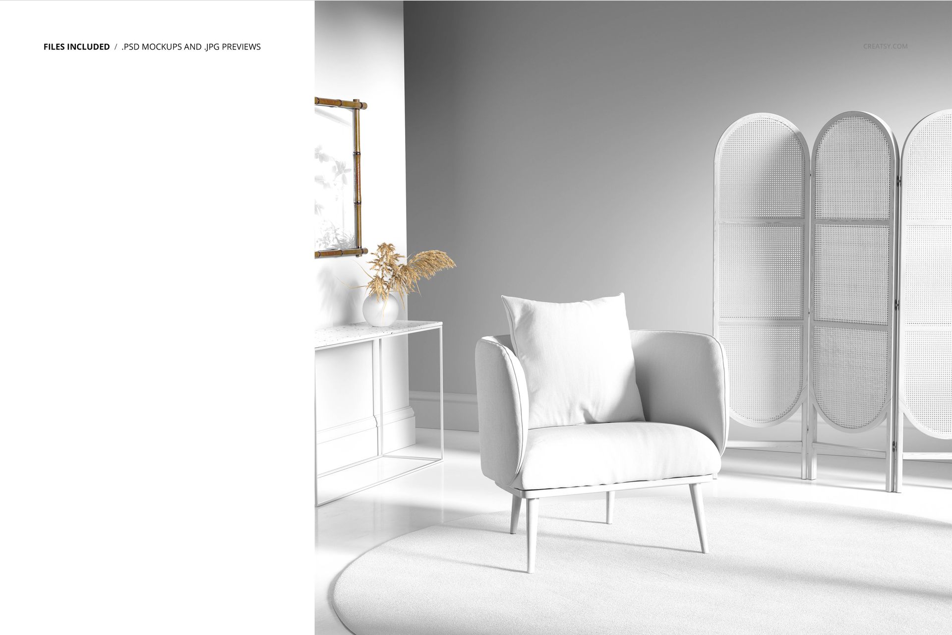 Front view of a minimalist sitting area with a white armchair, light rug, and neutral decor in a PSD mockup scene.