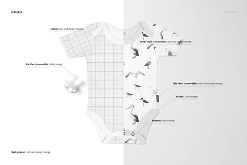Front view of a baby onesie mockup, half with grid pattern and half with bird illustrations, on a light background.