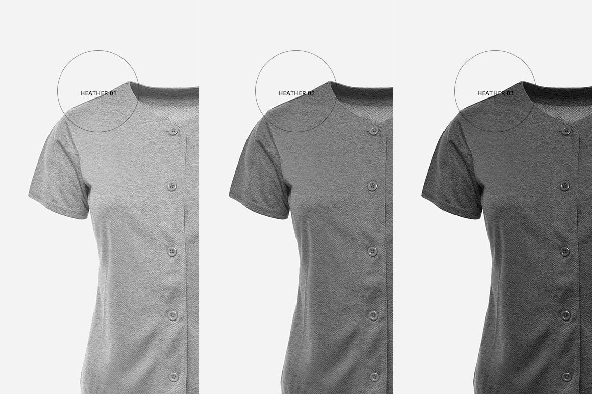 PSD mockup featuring a trio of women's baseball jerseys in varying shades of gray, arranged vertically with neutral background.