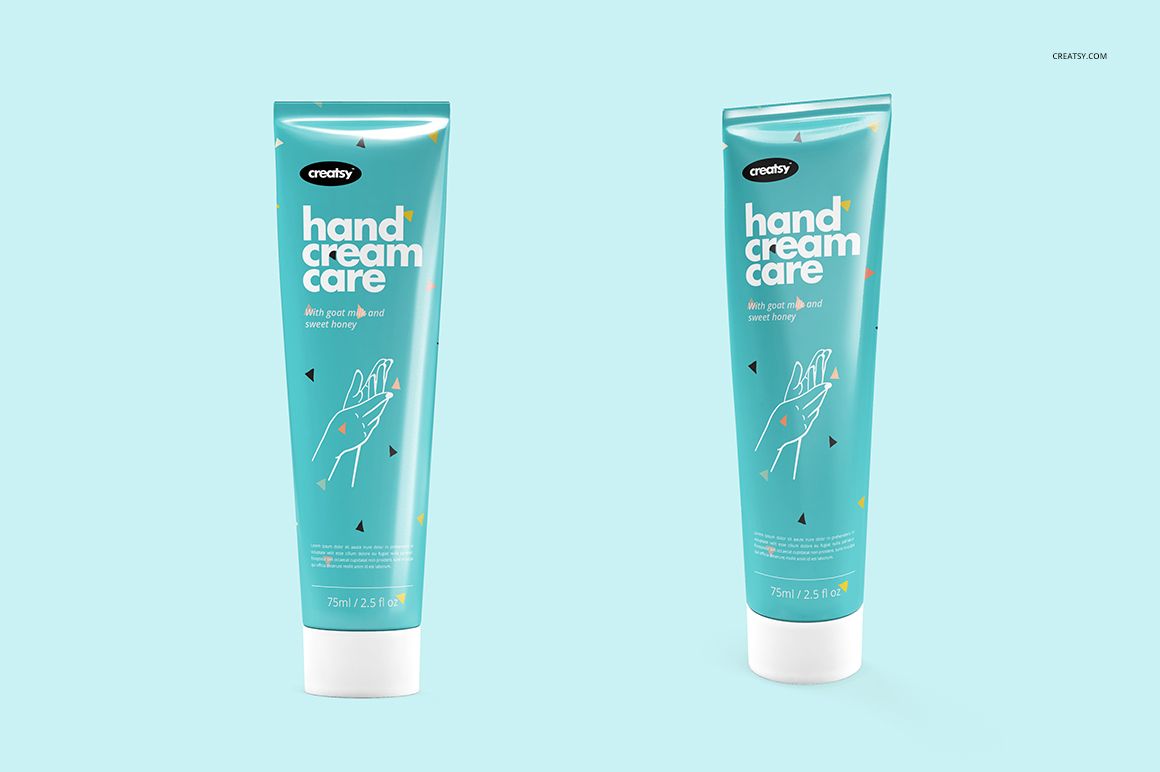 Two teal cream tubes with white caps displayed upright on a light blue background, front view with simple graphics.