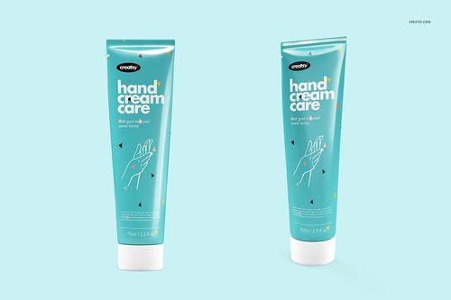 Two teal cream tubes with white caps displayed upright on a light blue background, front view with simple graphics.