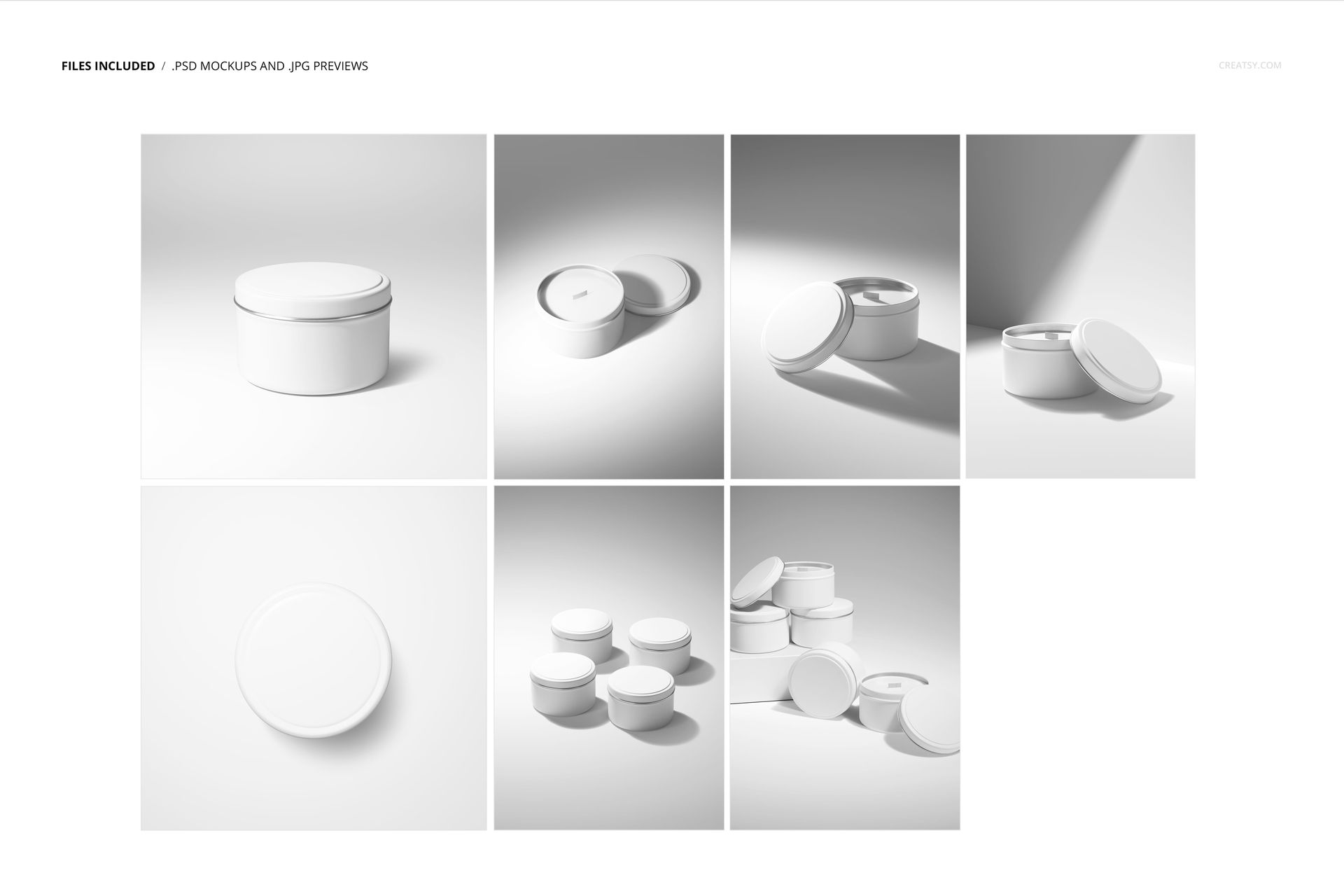 Multiple white candle tins with lids displayed from different angles, including top and side views, in a mockup set.