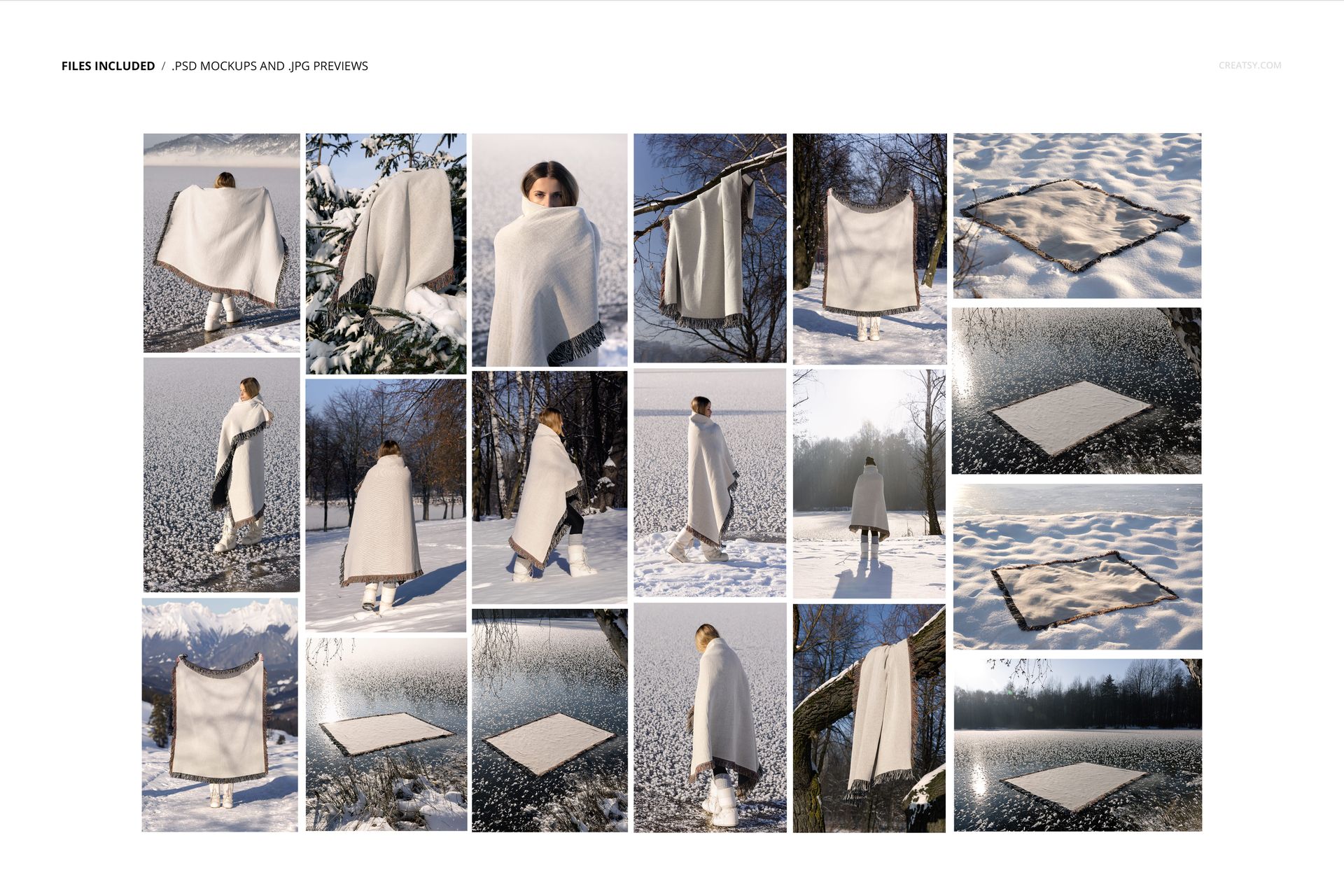 Jacquard woven blanket mockup shown in various outdoor winter scenes, featuring snowy backgrounds and neutral colors.