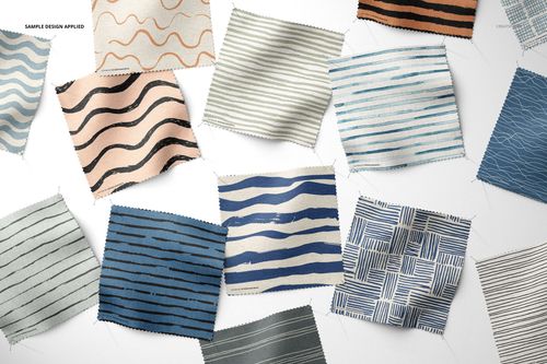 Fabric swatches mockup set displaying different patterns and colors, including stripes and waves, viewed from above.