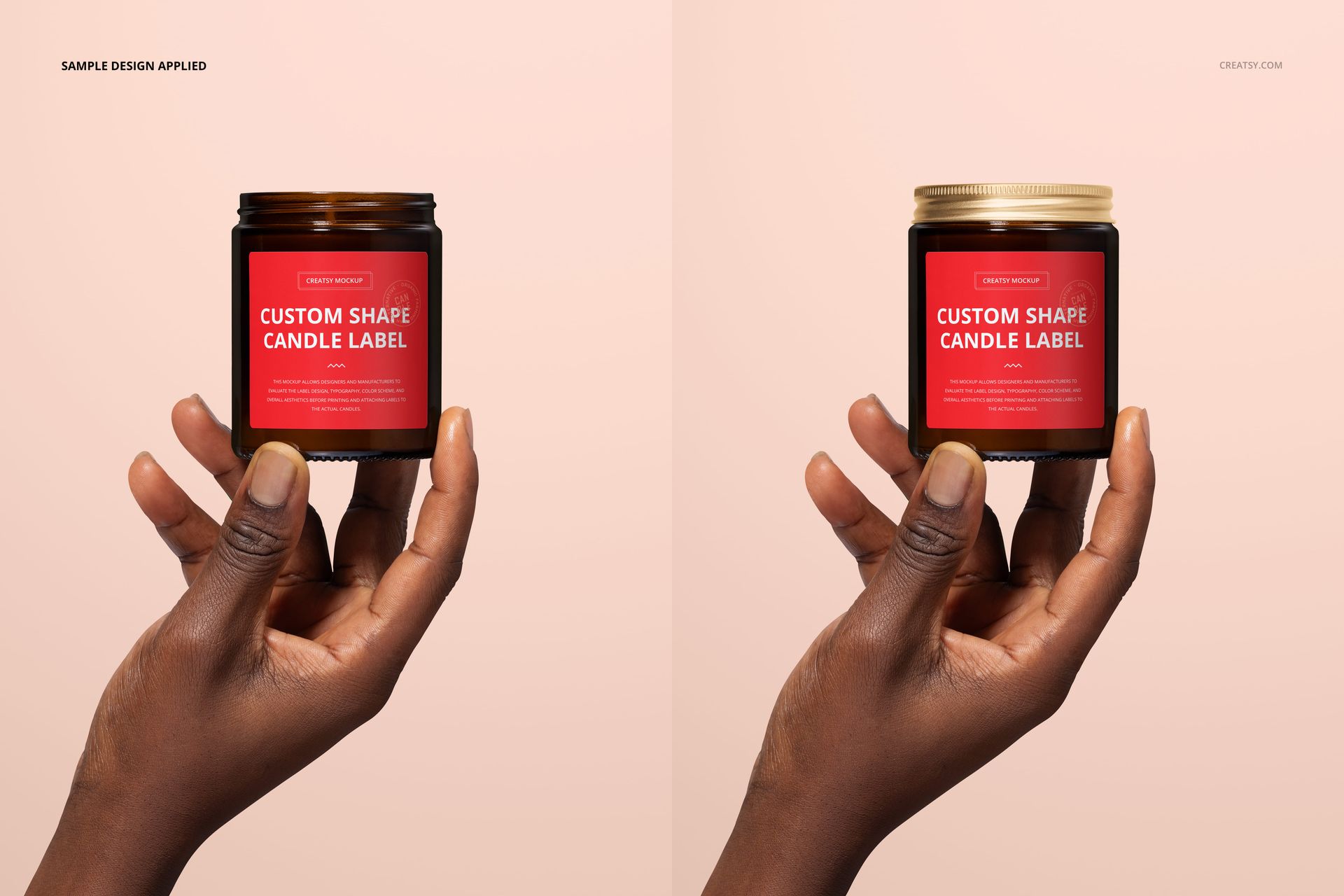 Amber jar candle mockup featuring cotton wick, each held by a hand with a red label, set on a neutral backdrop.
