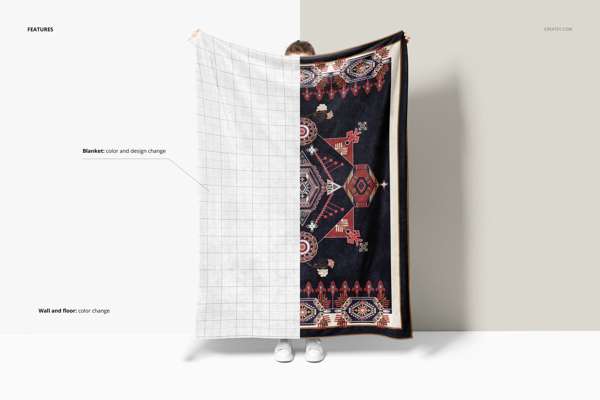 Front view of a fleece throw blanket mockup held by a person, showing half with a grid pattern and half with a colorful geometric design.