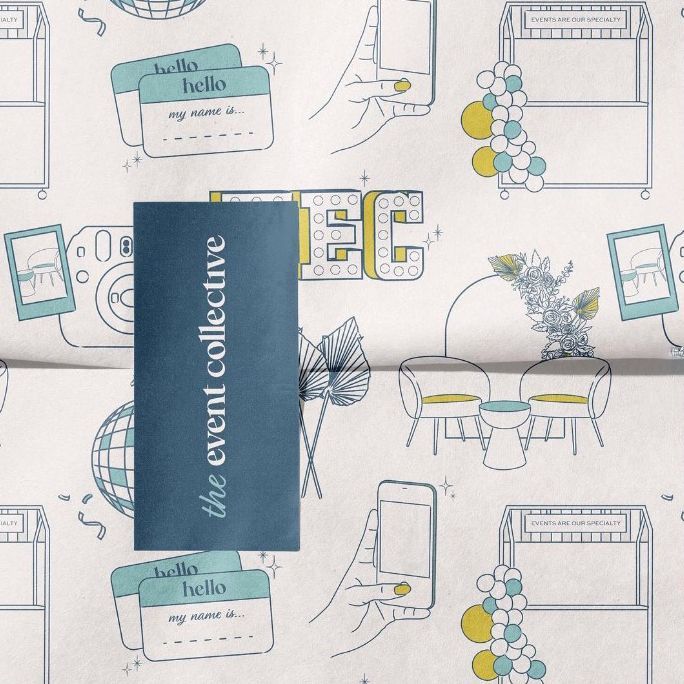 Wrapping paper mockup with a blue rectangular sticker placed on top, featuring hand-drawn event-themed illustrations in pastel colors.