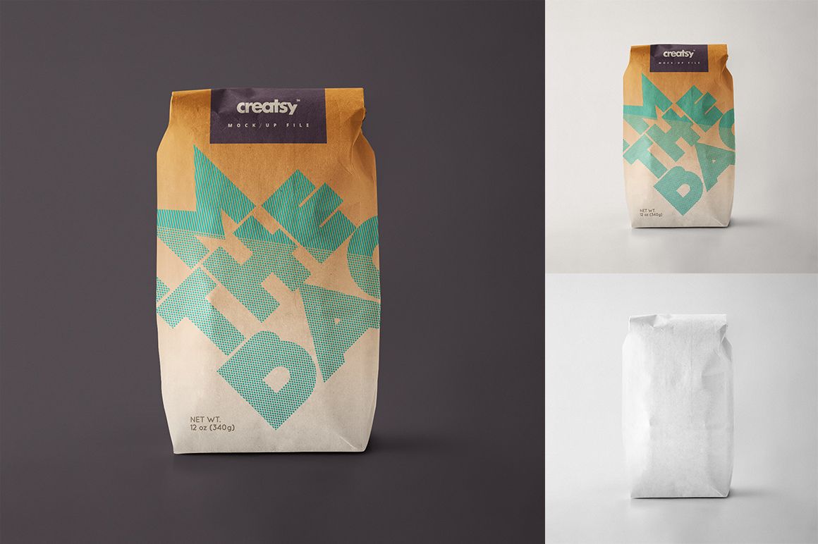 Front view of a paper bag packaging mockup with a folded top, featuring teal and tan design elements on a neutral background.