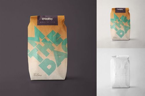 Front view of a paper bag packaging mockup with a folded top, featuring teal and tan design elements on a neutral background.