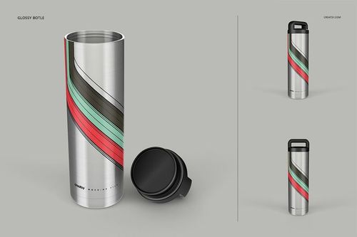 Insulated stainless steel tumbler mockup with colorful diagonal stripes, displayed in front and side views on a neutral background.
