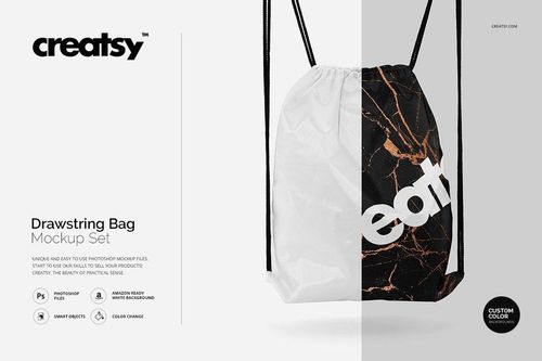 Front-facing drawstring bag mockup with black strings, displaying a half white and half black marble design.