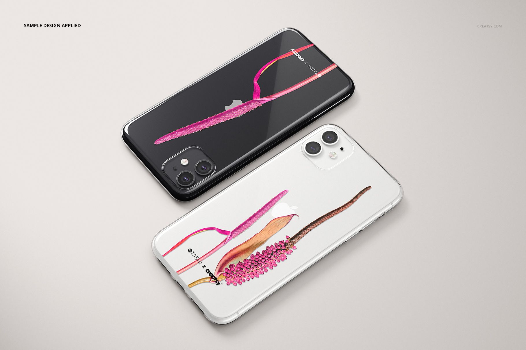 iPhone 11 clear case mockup featuring two phones with floral designs, shown from a top angle on a neutral background.