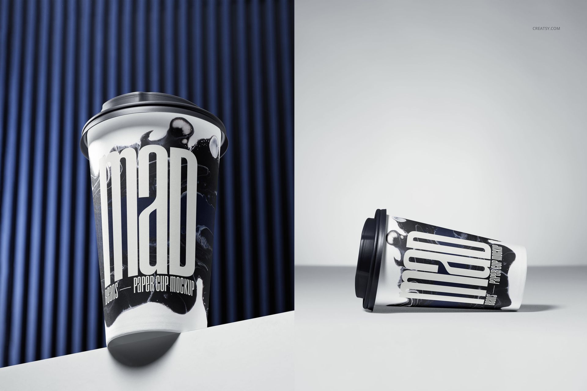 PSD mockup of drinkware showing a paper cup with a black lid, abstract pattern, and large text, in two perspectives.