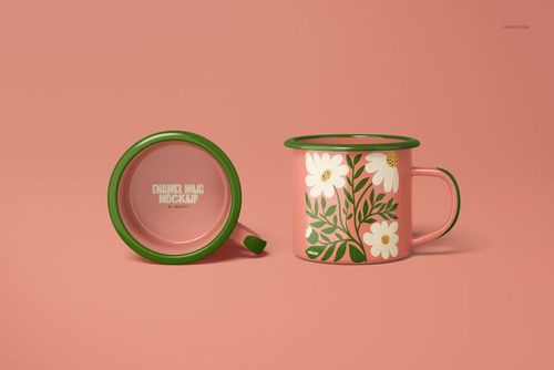 Enamel mug mockup featuring a floral pattern with white flowers and green leaves, shown from side and top view on a pink background.