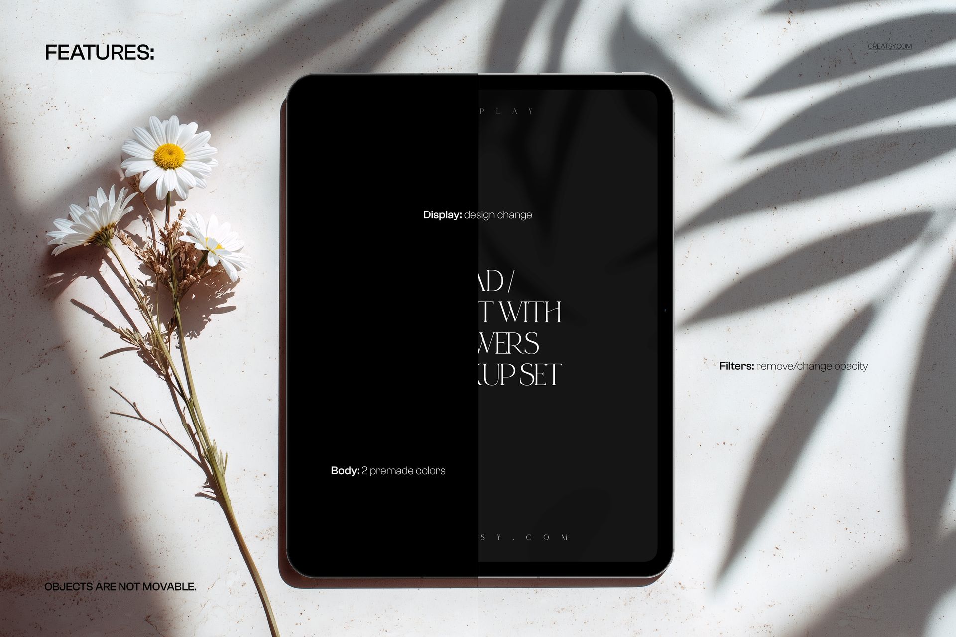 Front view of an iPad Pro mockup with a dark screen, surrounded by white daisies and shadow patterns.
