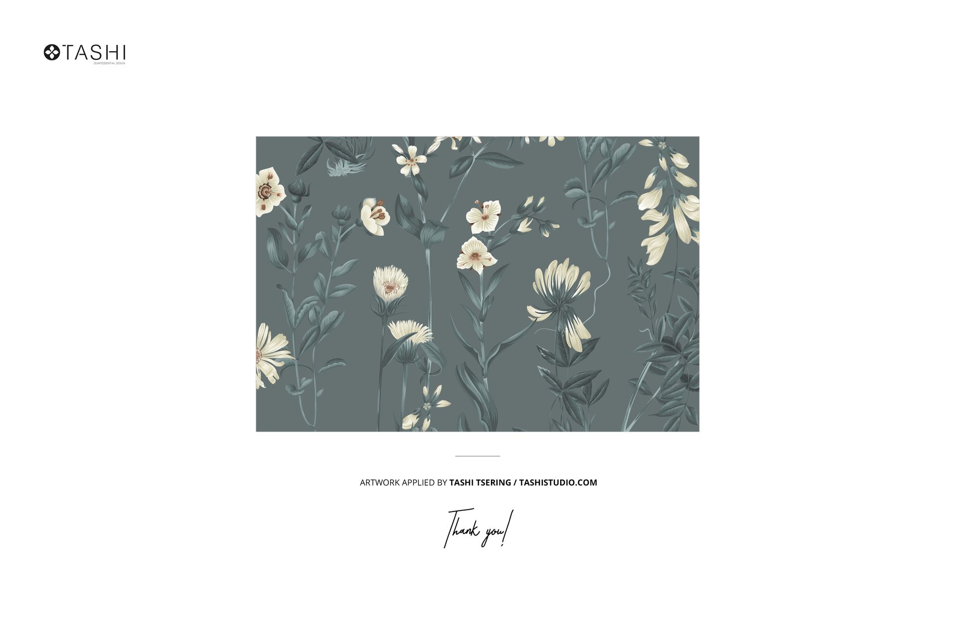 Front view of fabric rolls mockup featuring a muted green background with cream and yellow floral patterns.
