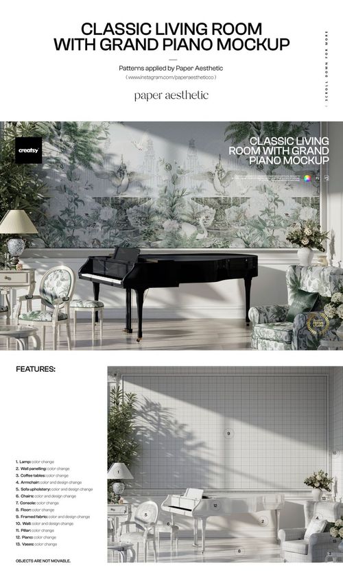 PSD mockup of a classic living room with a black grand piano, floral wallpaper, and decorative furniture.