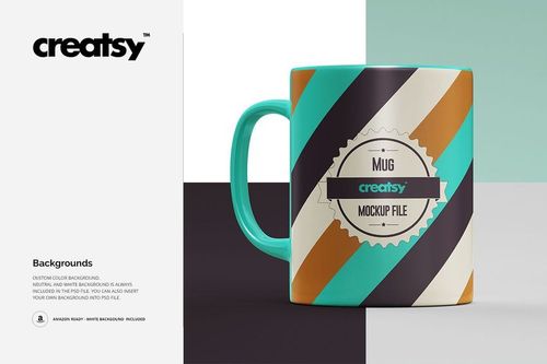 PSD mockup of a mug with bold diagonal stripes in teal, brown, black, and white, set against a neutral backdrop.