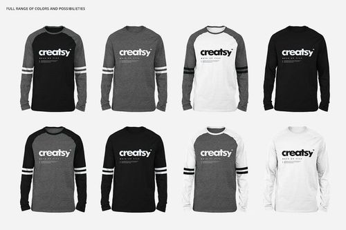 PSD mockup showing eight adult raglan longsleeve shirts in assorted gray, black, and white combinations on a neutral background.