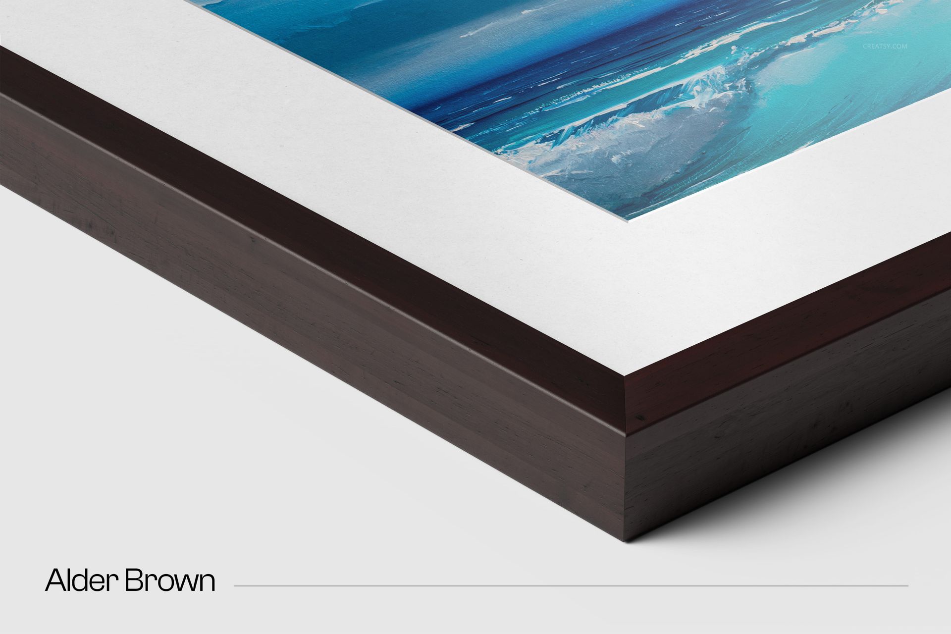 Detail shot of a 20 mm solid wooden frame mockup in dark brown, featuring a vibrant blue artwork and white mat.