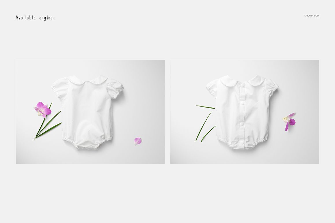 PSD mockup showing a white baby romper in two angles, surrounded by a purple orchid flower and scattered petals.