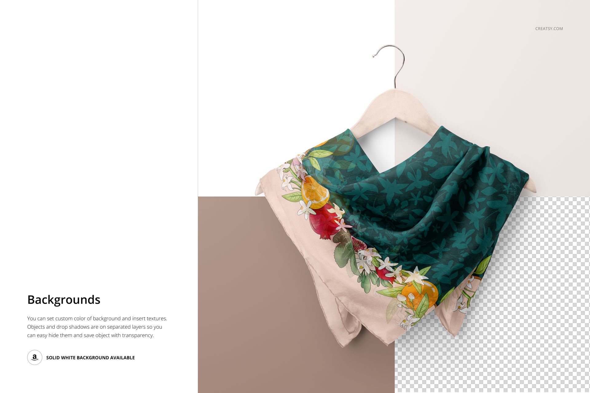 Habotai silk scarf with floral border and green leafy pattern draped on a wooden hanger, front view mockup.