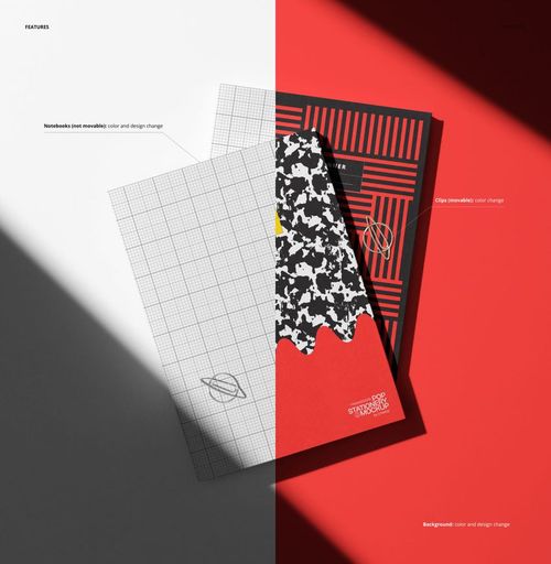Top view of two stationery planners mockup, featuring geometric and abstract covers on a dual-tone backdrop.