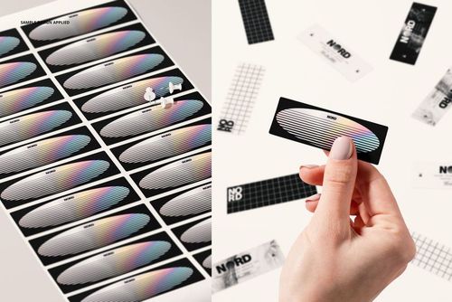 PSD mockup featuring rectangular stickers with black frames and colorful striped designs, displayed on a sheet and scattered.