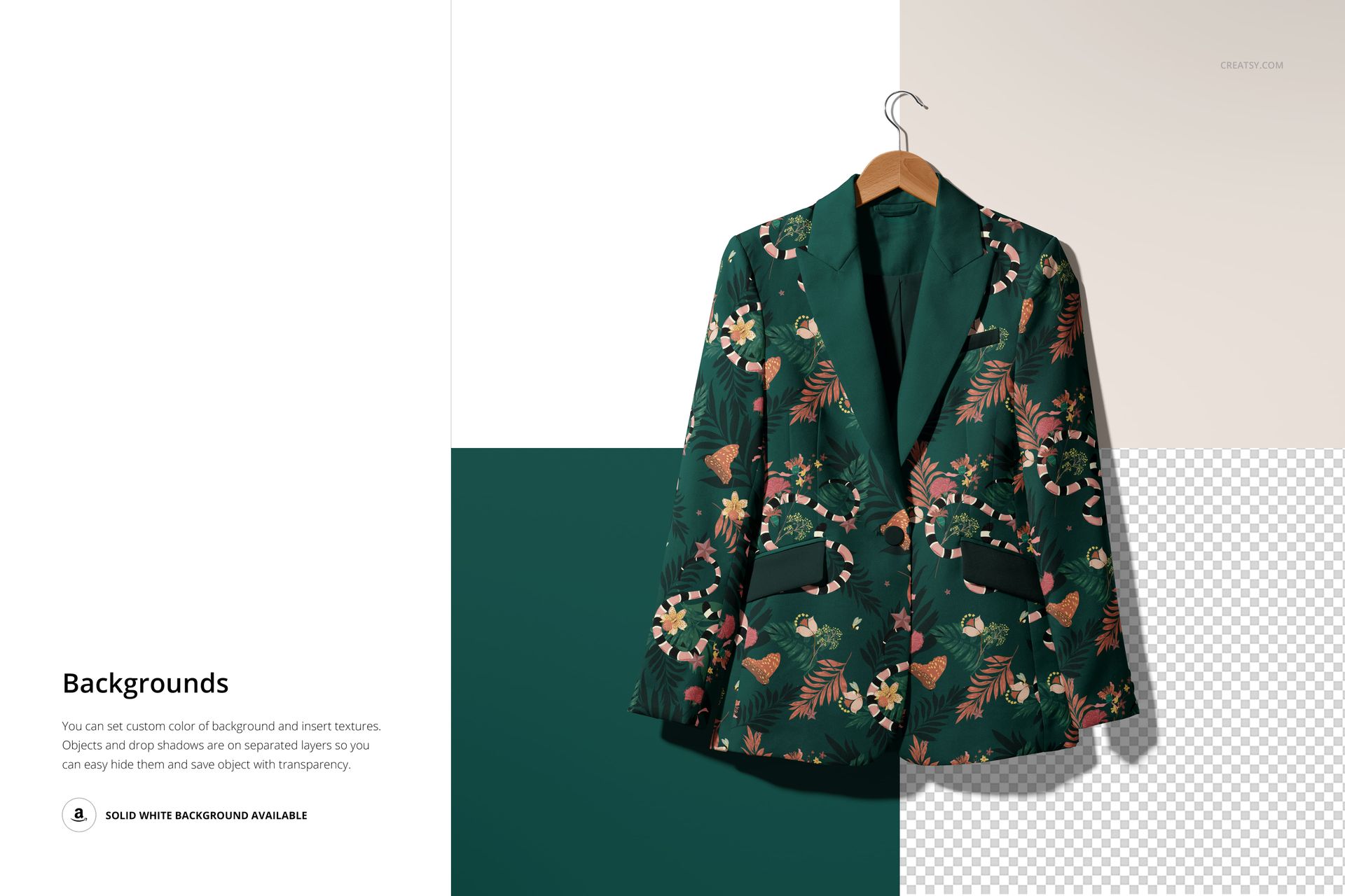 Green floral blazer mockup on hanger, shown against a divided background with solid white, green, and transparent areas.