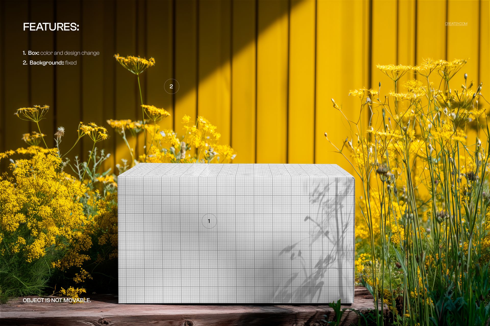 Rectangular box with a grid pattern mockup placed among yellow wildflowers, front view with yellow background.