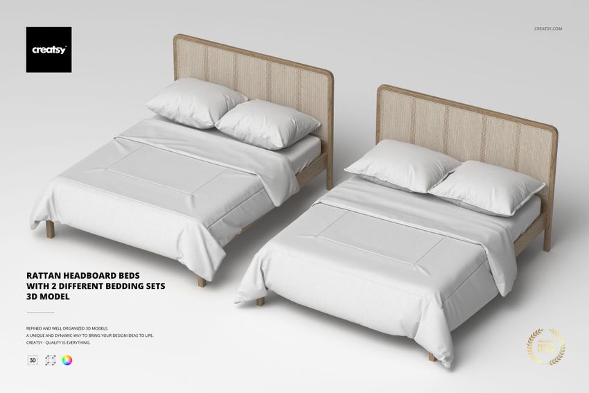 Rattan Headboard Beds with 2 Different Bedding Sets 3D Model - mockup screenshot 1