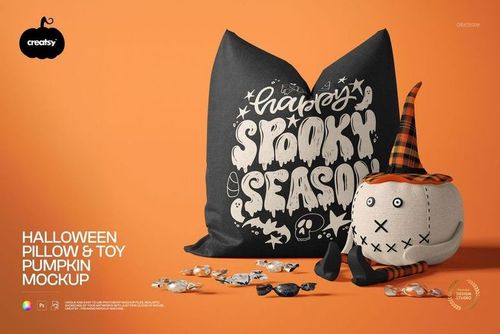 Halloween-themed PSD mockup featuring a decorative pillow with playful text and a plush pumpkin toy in witch attire.