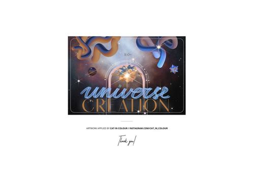 Front view of a rectangular poster mockup featuring cosmic artwork with planets, stars, and swirling ribbons on a dark background.