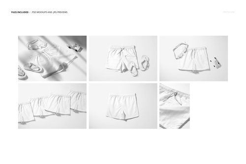 Kids swim shorts mockup set displayed in various angles, featuring plain white shorts on a light background.